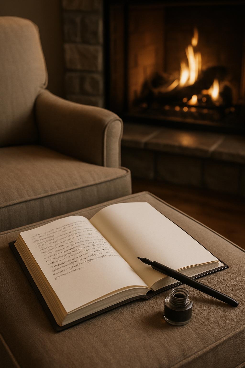 An open book with handwritten script, a fountain pen, and brown ink in front of a cushioned chair by a fireplace. Within a...