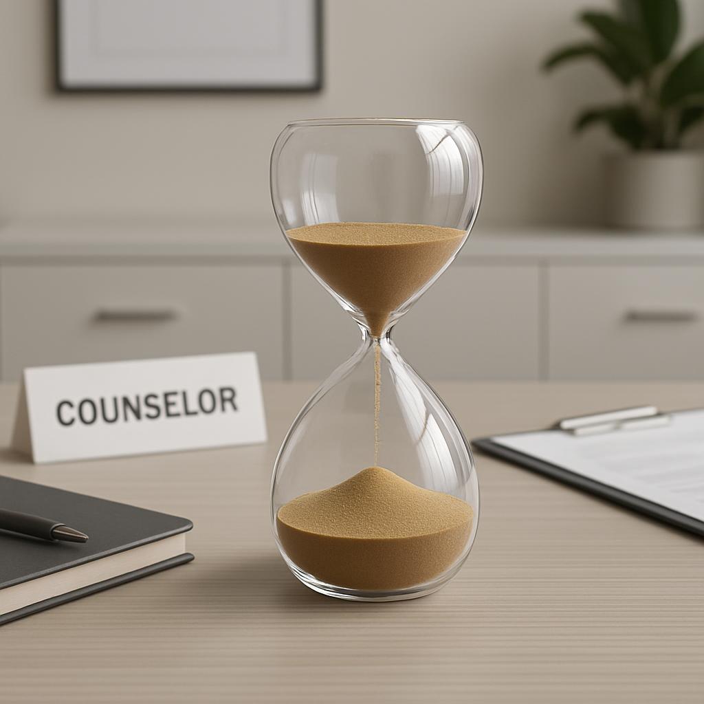 An hourglass on a desk with a counselor sign, suggesting an office setting for counseling sessions.